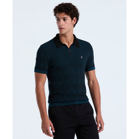 Cotton Jacquard Quarter Zip Sweater Polo (Reflecting Pond) 