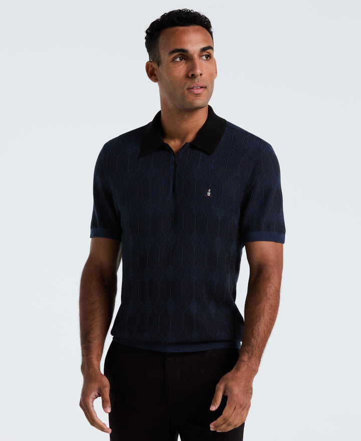 Cotton Jacquard Quarter Zip Sweater Polo (Sargasso Sea) 