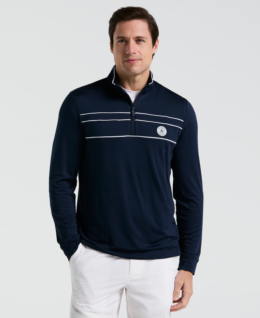Quarter Zip Striped Golf Pull-Over-Golf Jackets-Black Iris-S-Original Penguin