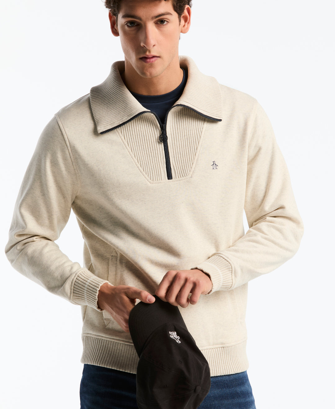 Organic Fleece Tipped Rib 1/4 Zip Pullover (Birch Htr) 