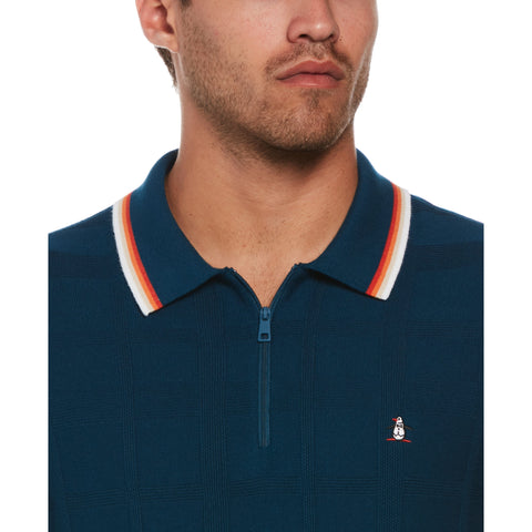 Tonal Check 1/4 Zip Polo Sweater (Poseidon Blue) 