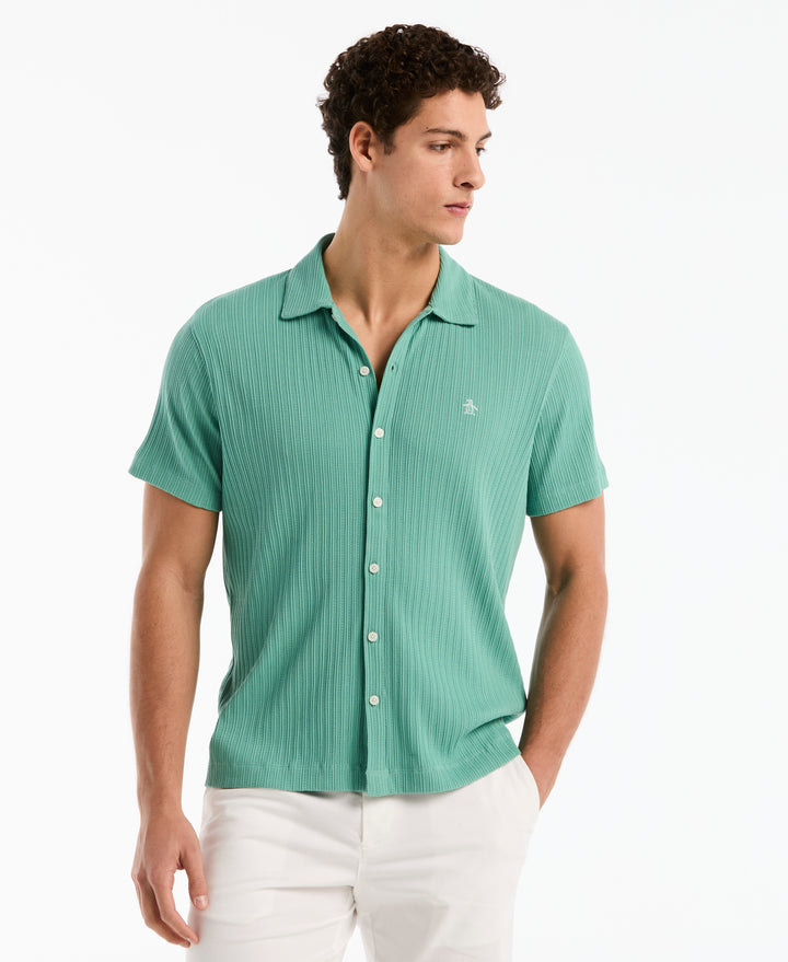 Raised Rib Knit Button-Front Shirt (Beryl Green) 