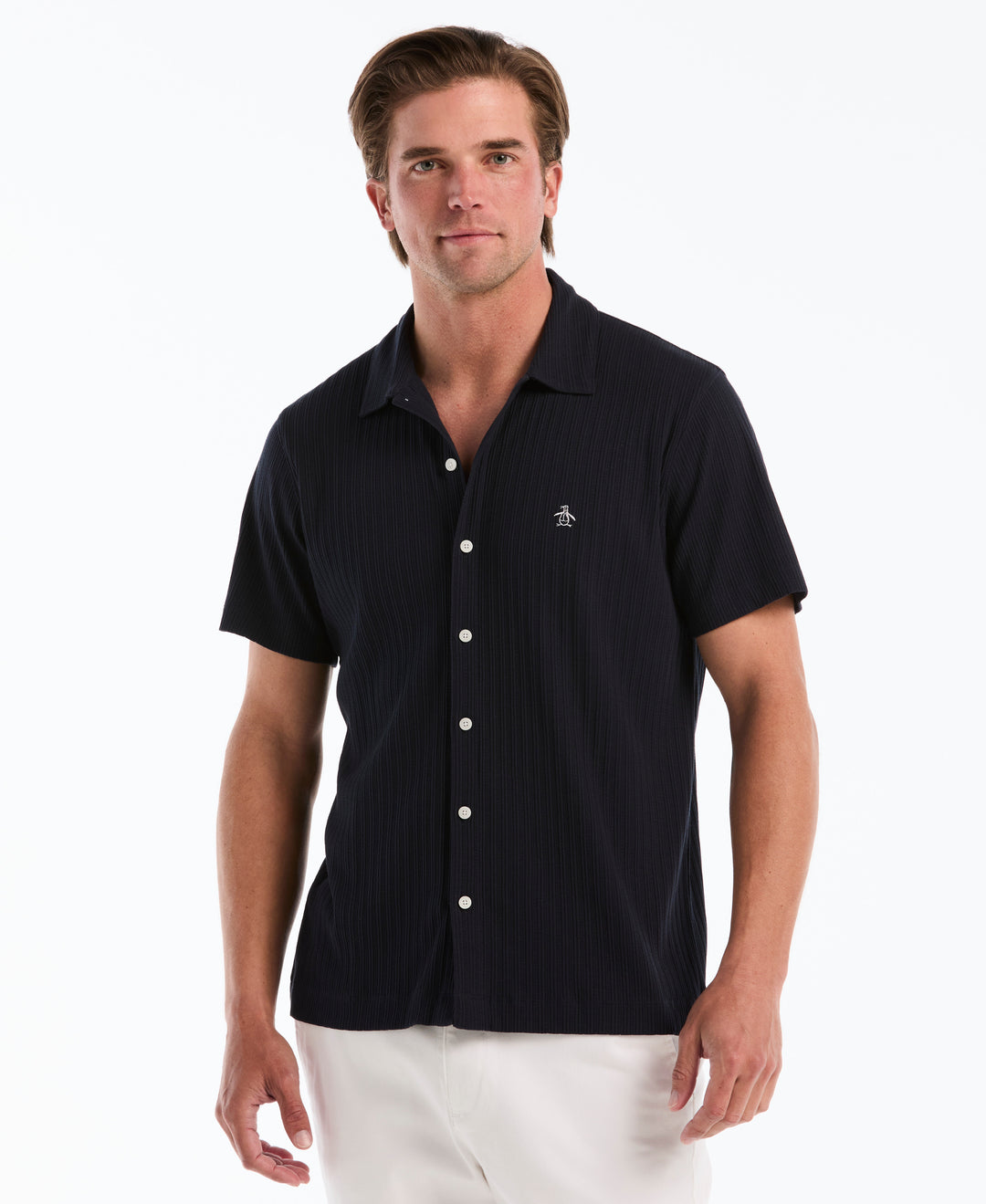 Raised Rib Knit Button Front Shirt (Dark Sapphire) 