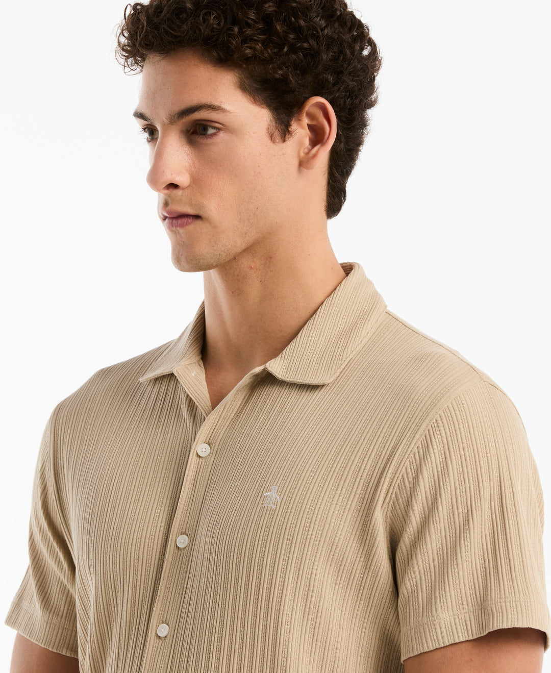 Raised Rib Knit Button-Front Shirt (White Pepper) 