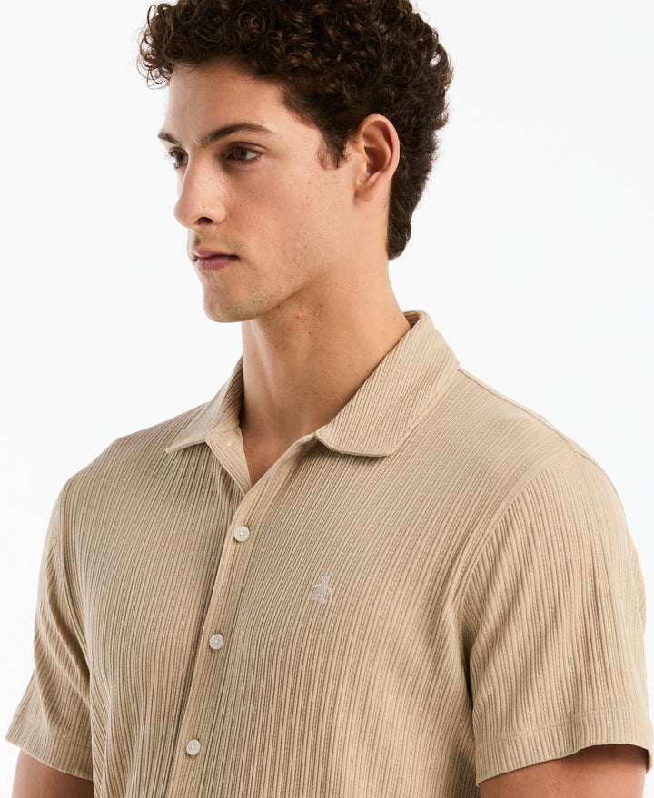 Raised Rib Knit Button-Front Shirt (White Pepper) 