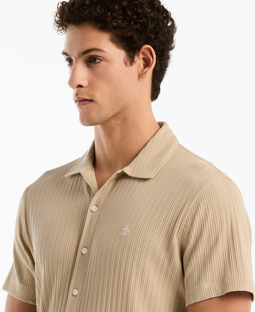 Raised Rib Knit Button-Front Shirt (White Pepper) 