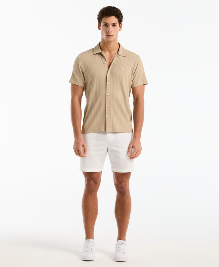 Raised Rib Knit Button-Front Shirt (White Pepper) 
