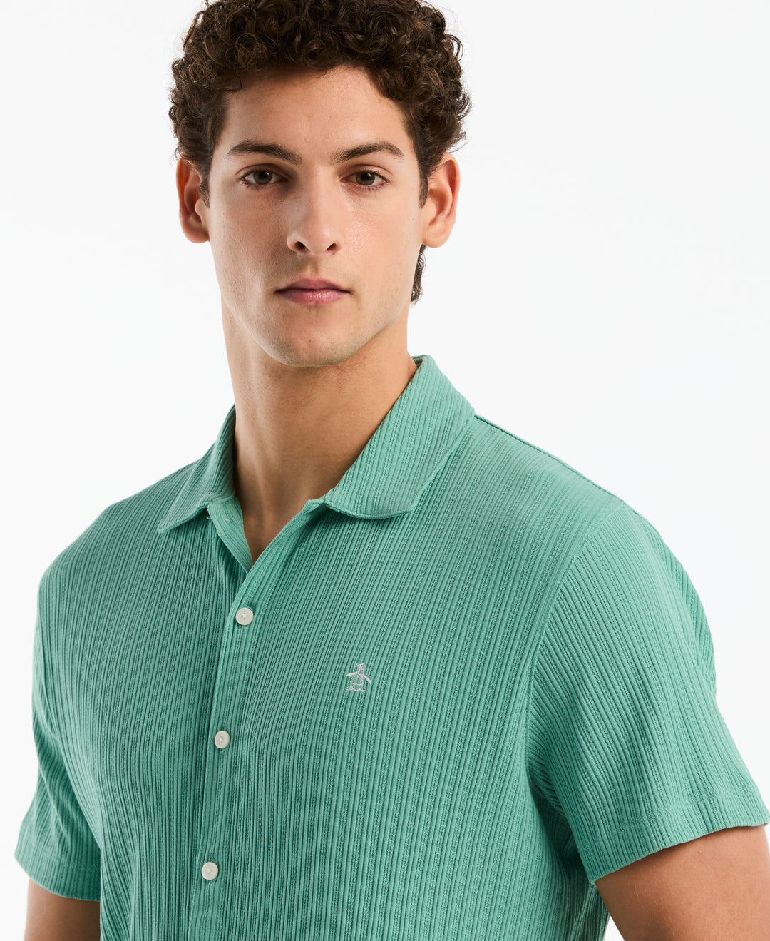 Raised Rib Knit Button-Front Shirt (Beryl Green) 