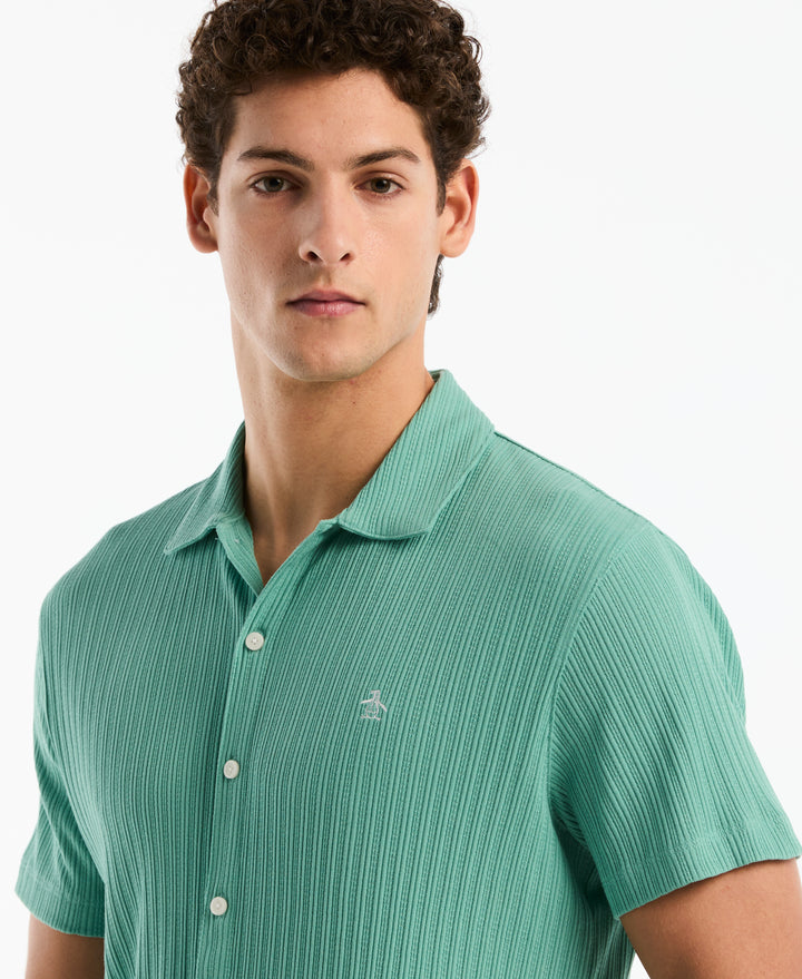 Raised Rib Knit Button-Front Shirt (Beryl Green) 