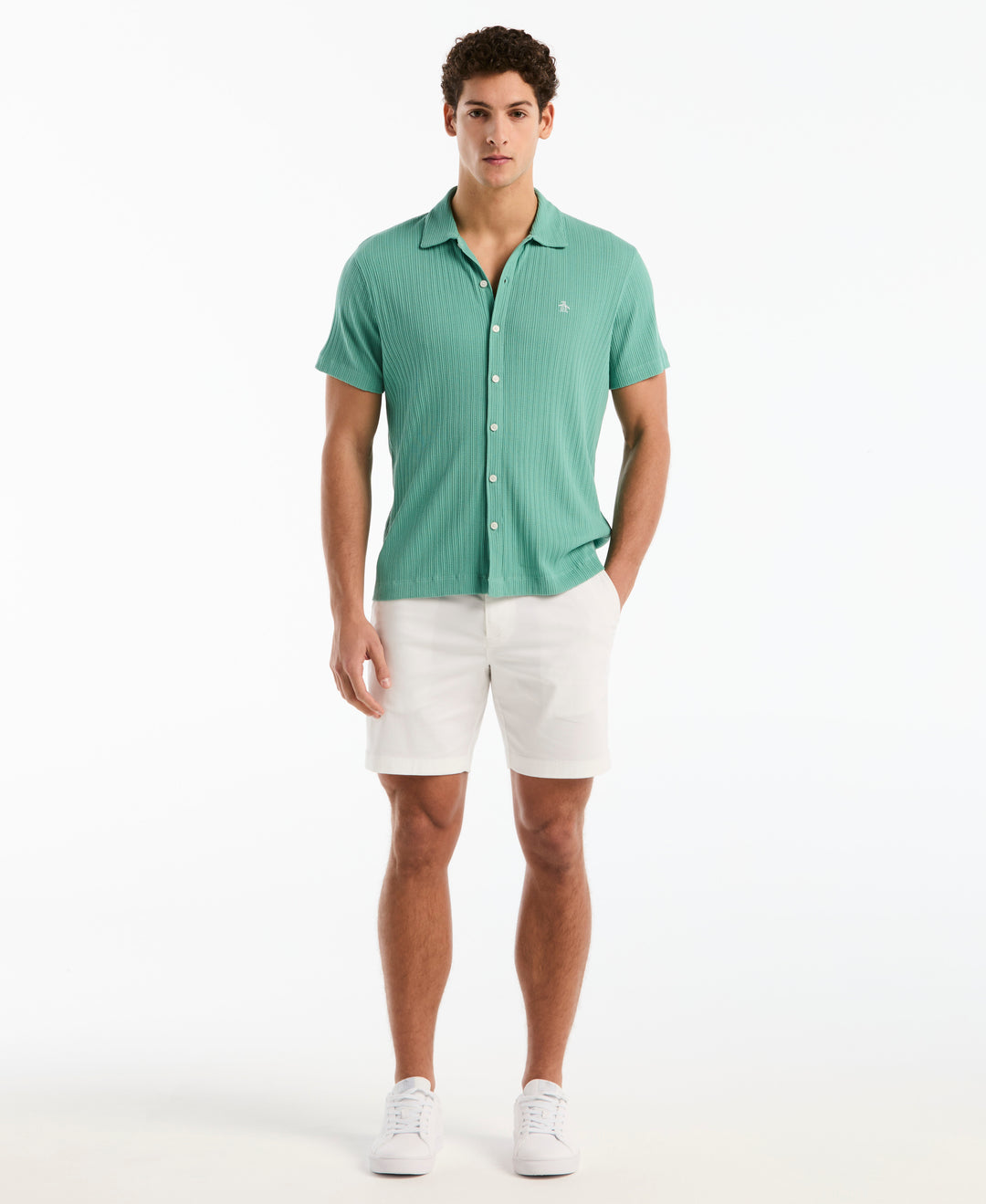 Raised Rib Knit Button-Front Shirt (Beryl Green) 