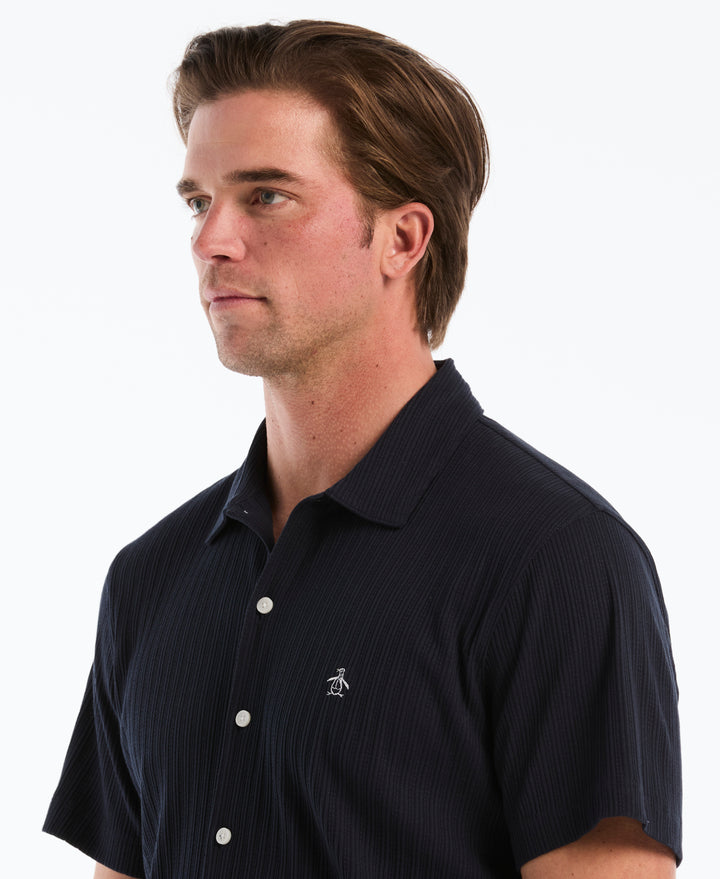 Raised Rib Knit Button Front Shirt (Dark Sapphire) 