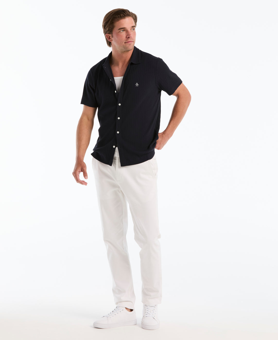 Raised Rib Knit Button Front Shirt (Dark Sapphire) 