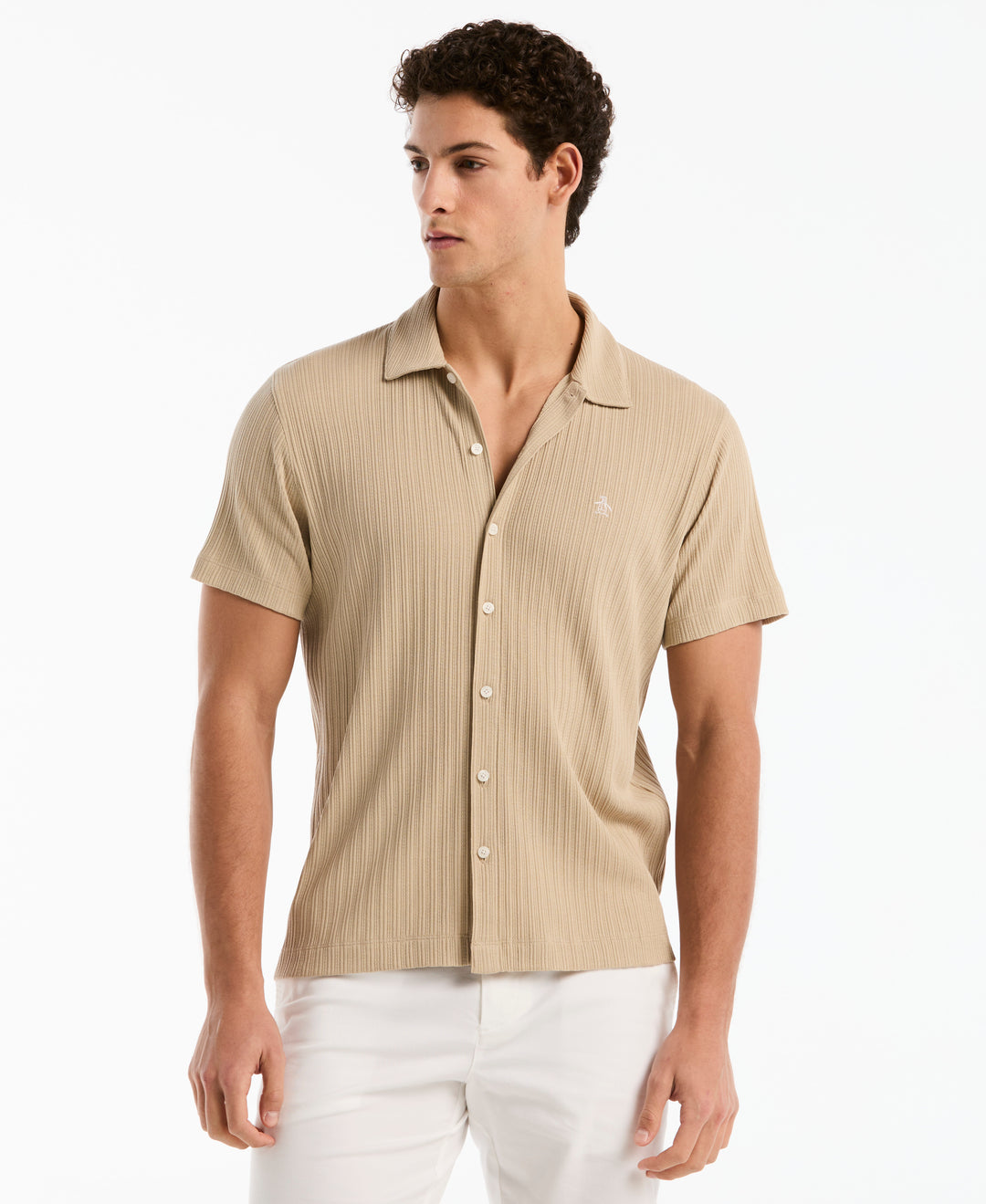 Raised Rib Knit Button-Front Shirt (White Pepper) 