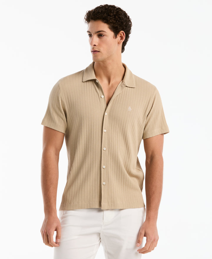 Raised Rib Knit Button-Front Shirt (White Pepper) 