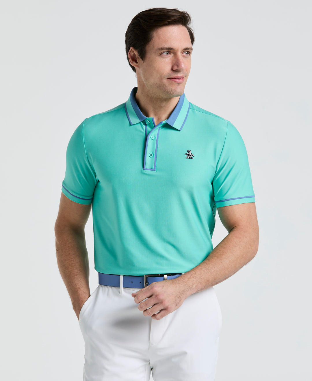 Ribbed Earl Blocked Golf Polo (Pool Blue) 