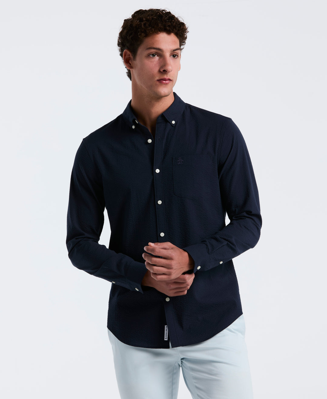 Original Penguin Men's Seersucker Long Sleeve Shirt in Dark Sapphire Blue/Blue, Size XS
