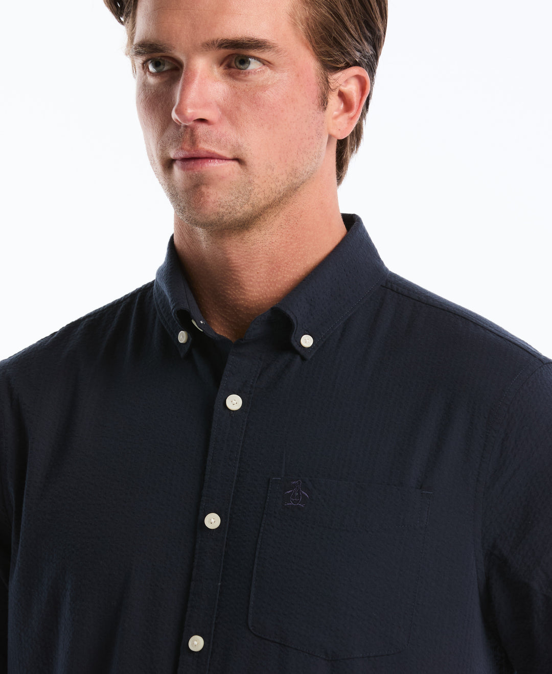 Original Penguin Men's Seersucker Short Sleeve Shirt in Deep Lake/Blue, Size Large Original Penguin Men's Seersucker Short Sleeve Shirt in Deep Lake/Blue, Size Large