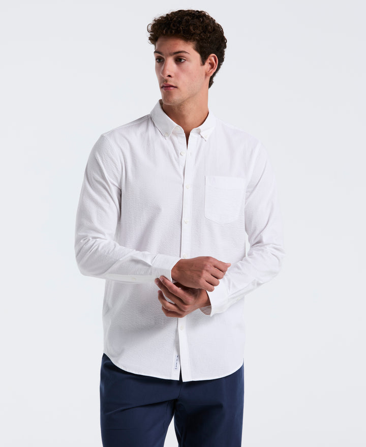 Long Sleeve Seersucker Stretch Solid Shirt (Bright White) 