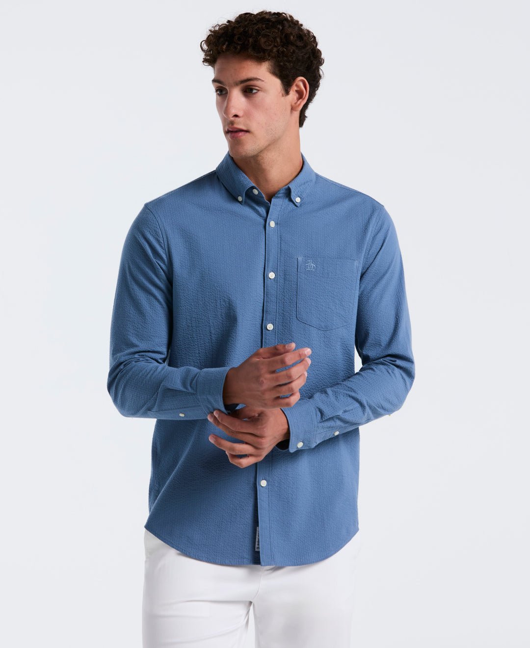 Long Sleeve Seersucker Stretch Solid Shirt (Copen Blue) 