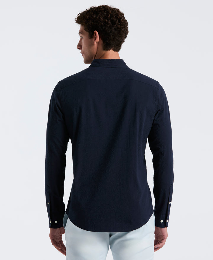 Long Sleeve Seersucker Stretch Solid Shirt (Dark Sapphire) 