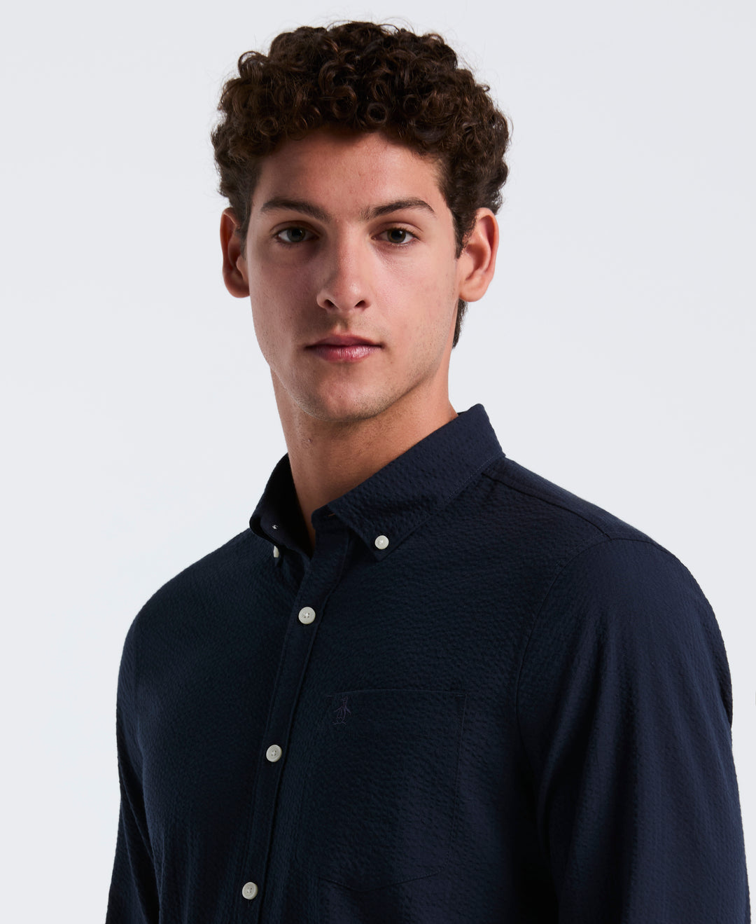 Long Sleeve Seersucker Stretch Solid Shirt (Dark Sapphire) 