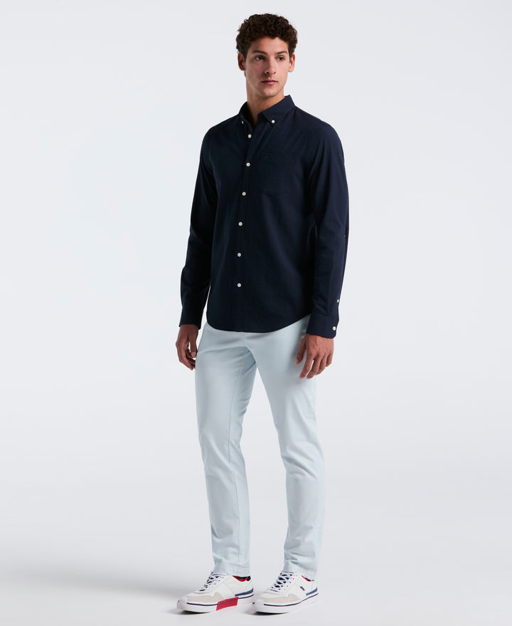 Long Sleeve Seersucker Stretch Solid Shirt (Dark Sapphire) 