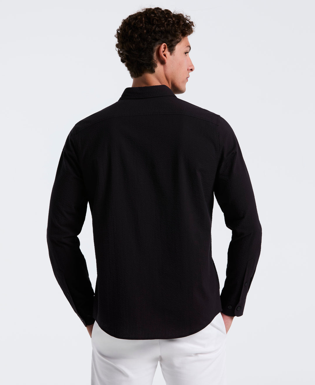 Long Sleeve Seersucker Stretch Solid Shirt (True Black) 