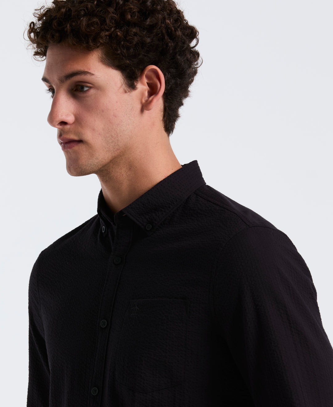 Long Sleeve Seersucker Stretch Solid Shirt (True Black) 
