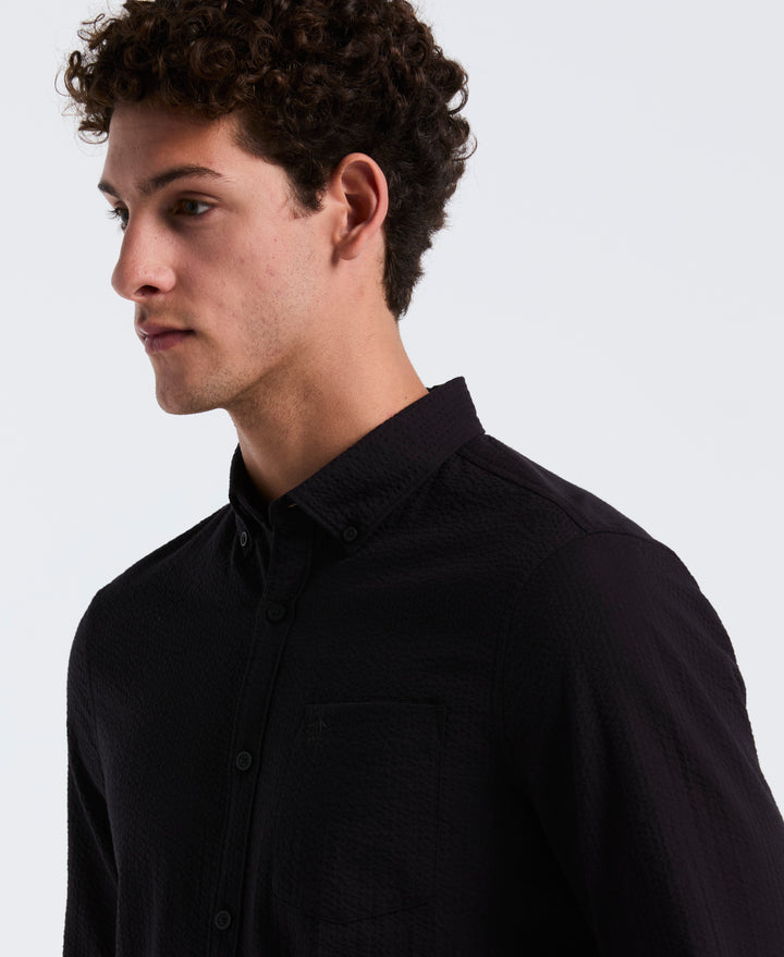 Long Sleeve Seersucker Stretch Solid Shirt (True Black) 