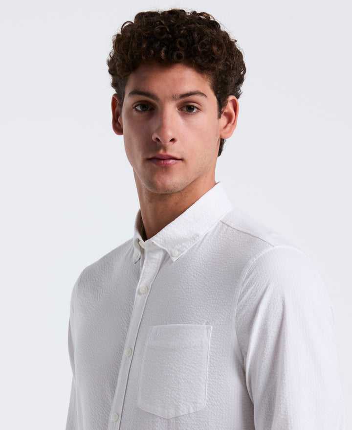 Long Sleeve Seersucker Stretch Solid Shirt (Bright White) 