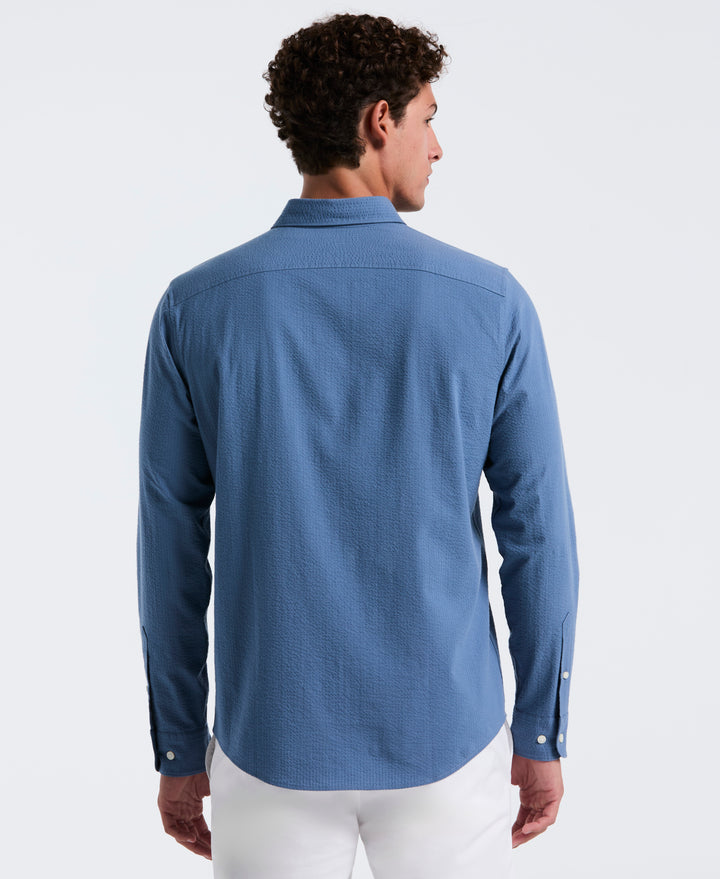 Long Sleeve Seersucker Stretch Solid Shirt (Copen Blue) 
