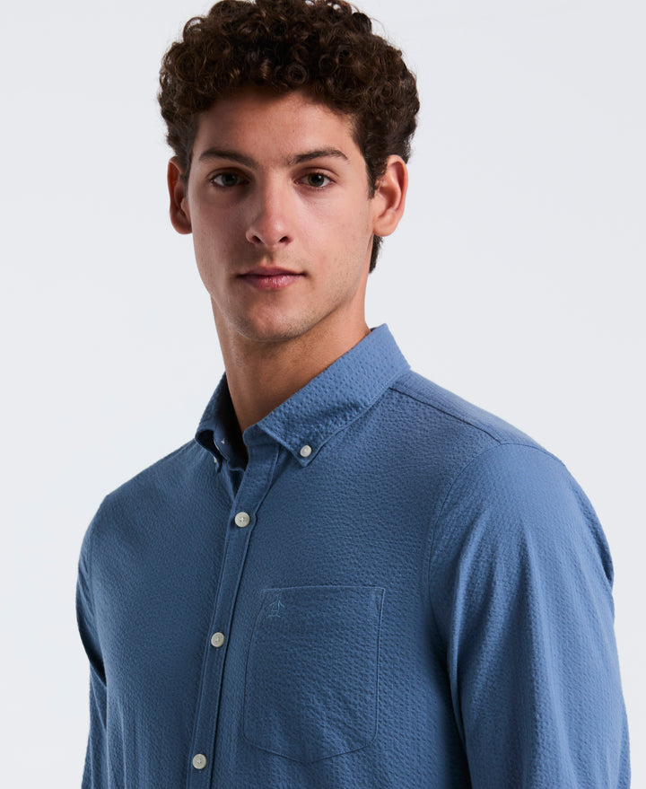 Long Sleeve Seersucker Stretch Solid Shirt (Copen Blue) 