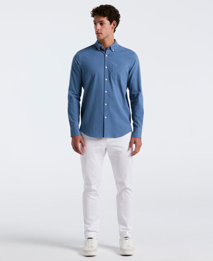 Long Sleeve Seersucker Stretch Solid Shirt (Copen Blue) 
