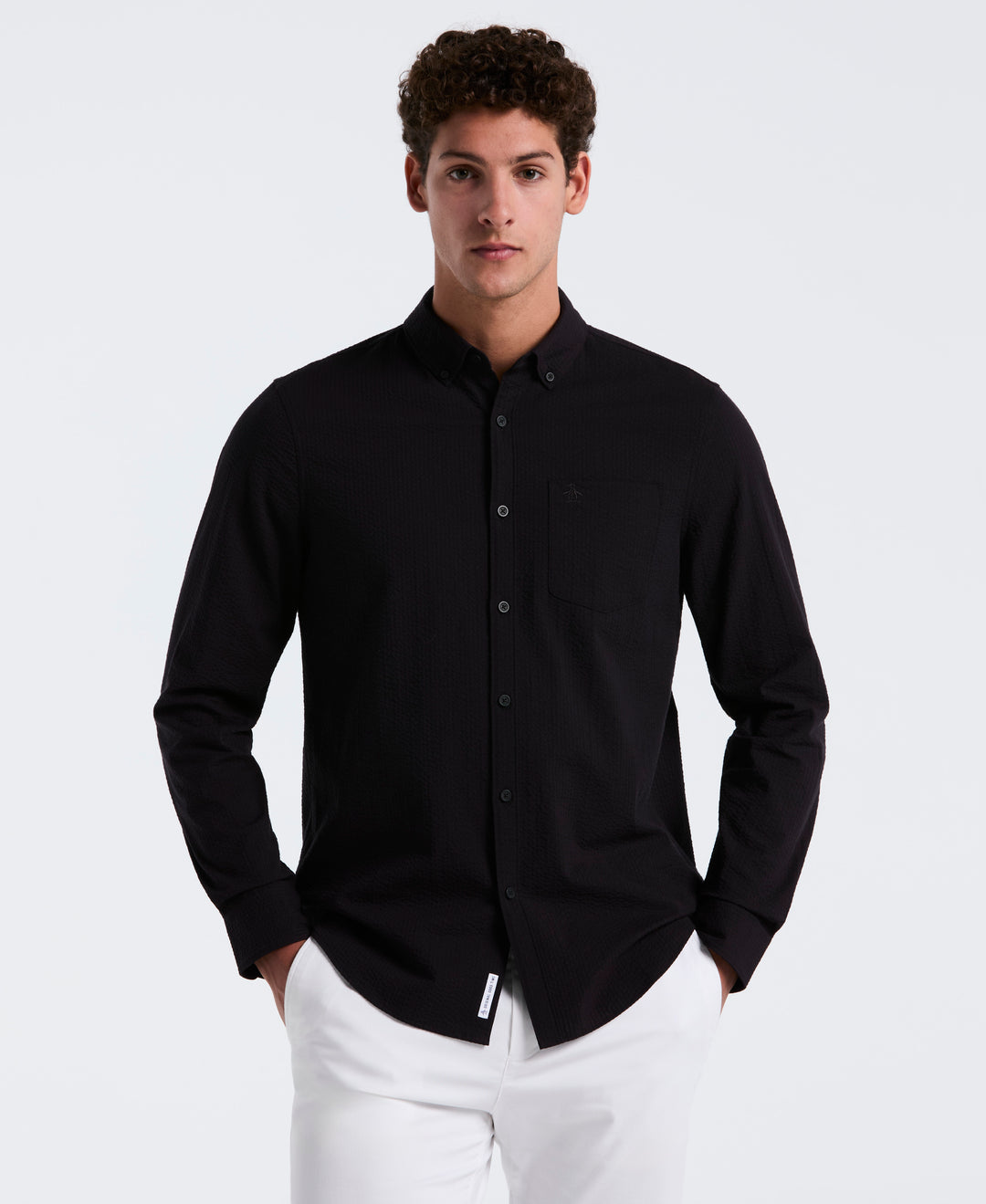 Long Sleeve Seersucker Stretch Solid Shirt (True Black) 