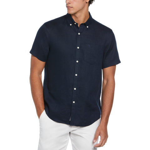 Short Sleeve Washed Linen Shirt-Shirts-Original Penguin