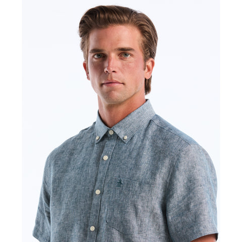 Short Sleeve Washed Linen Shirt-Shirts-Original Penguin