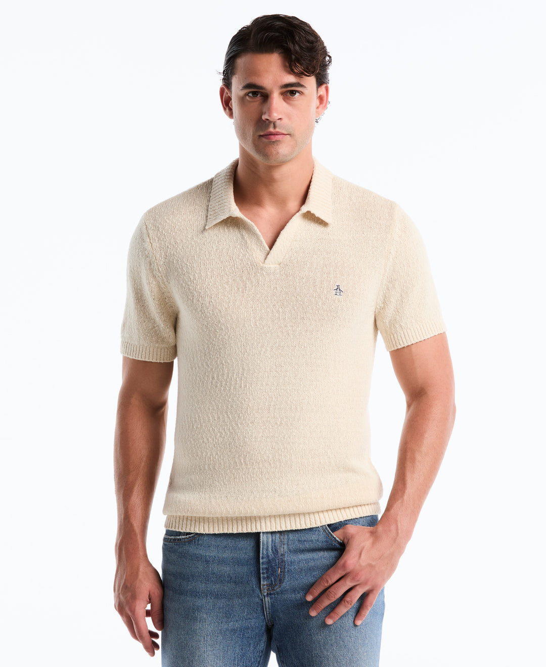 Cotton Slub Johnny Collar Sweater Polo (Birch) 