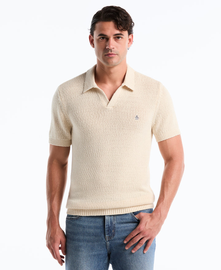 Cotton Slub Johnny Collar Sweater Polo (Birch) 