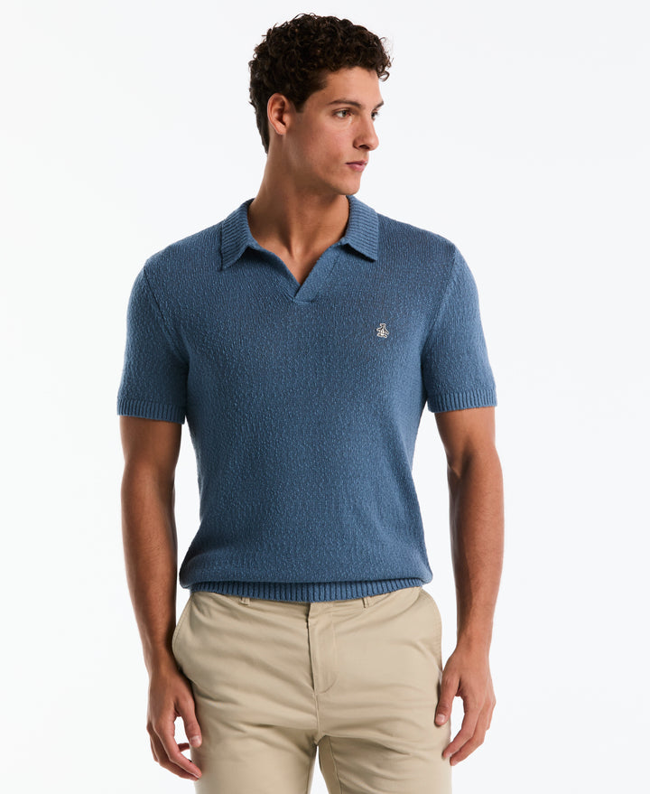 Cotton Slub Johnny Collar Sweater Polo (Copen Blue) 