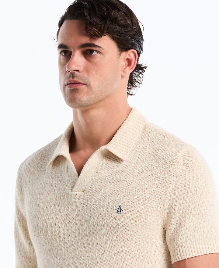 Cotton Slub Johnny Collar Sweater Polo (Birch) 