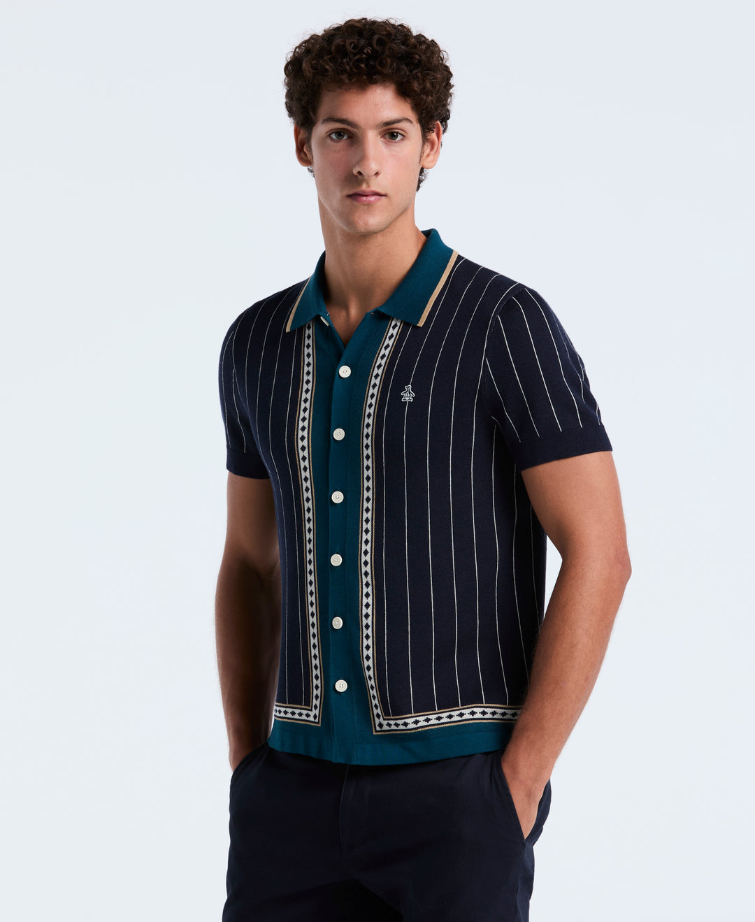Stripe Jacquard Cotton Button Front Sweater Polo (Dark Sapphire) 