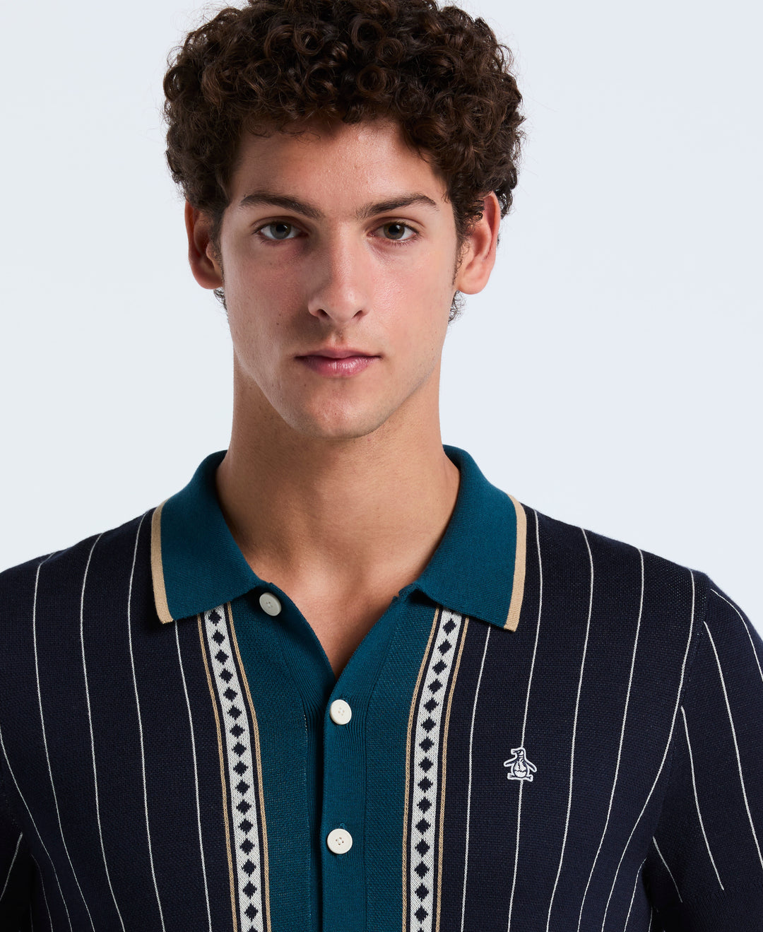 Stripe Jacquard Cotton Button Front Sweater Polo (Dark Sapphire) 
