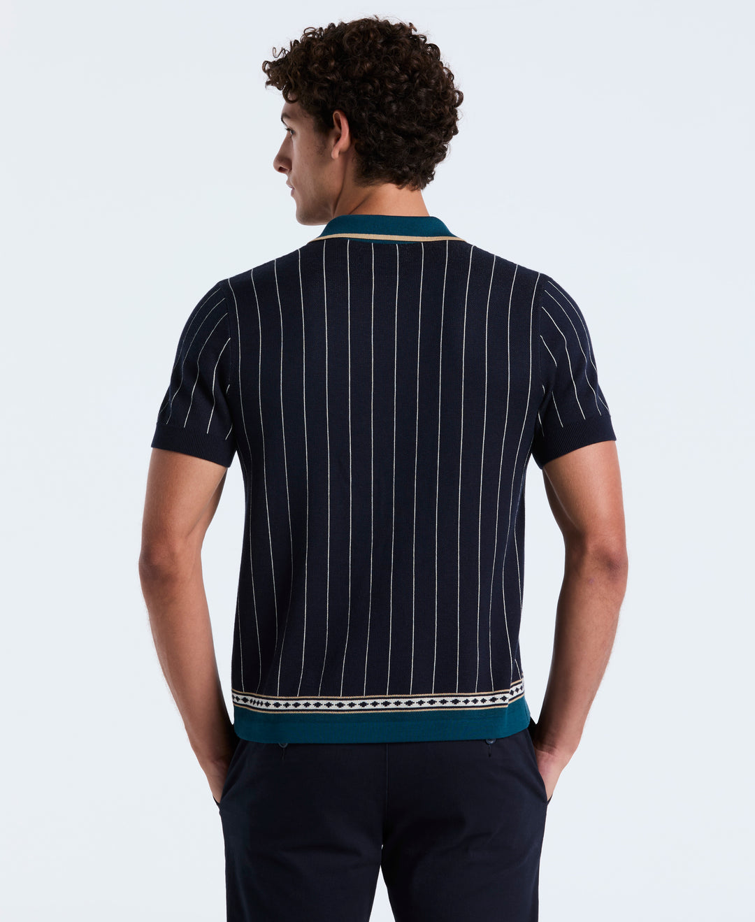 Stripe Jacquard Cotton Button Front Sweater Polo (Dark Sapphire) 