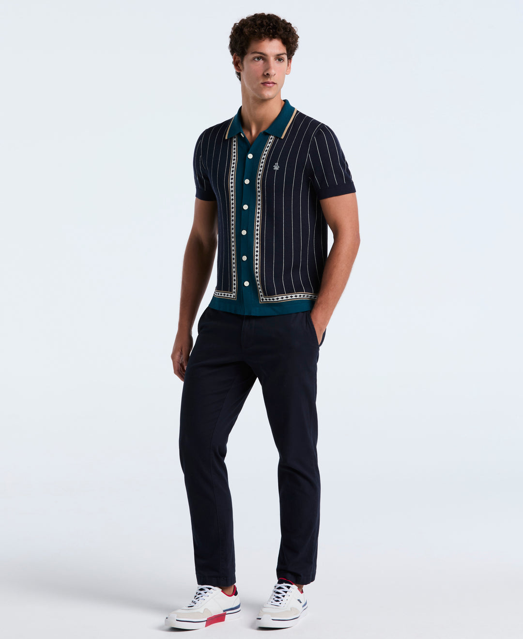 Stripe Jacquard Cotton Button Front Sweater Polo (Dark Sapphire) 