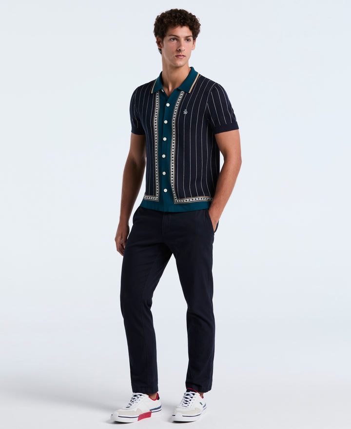Stripe Jacquard Cotton Button Front Sweater Polo (Dark Sapphire) 