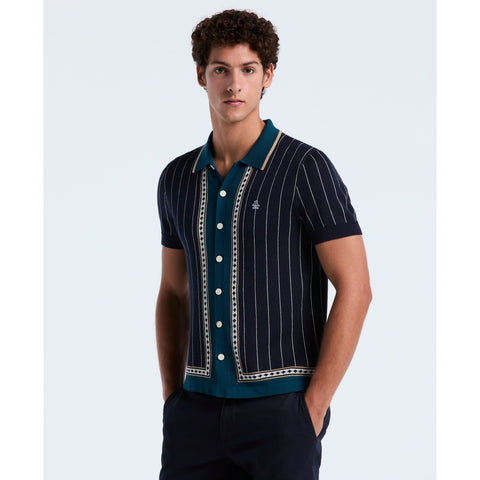 Stripe Jacquard Cotton Button Front Sweater Polo (Dark Sapphire) 