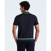 Stripe Jacquard Cotton Button Front Sweater Polo (Dark Sapphire) 
