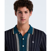 Stripe Jacquard Cotton Button Front Sweater Polo (Dark Sapphire) 