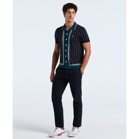 Stripe Jacquard Cotton Button Front Sweater Polo (Dark Sapphire) 