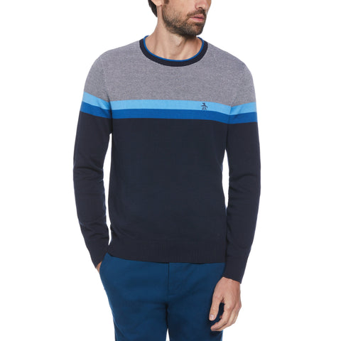 Striped Cotton Crew Neck Sweater (Azure Blue) 